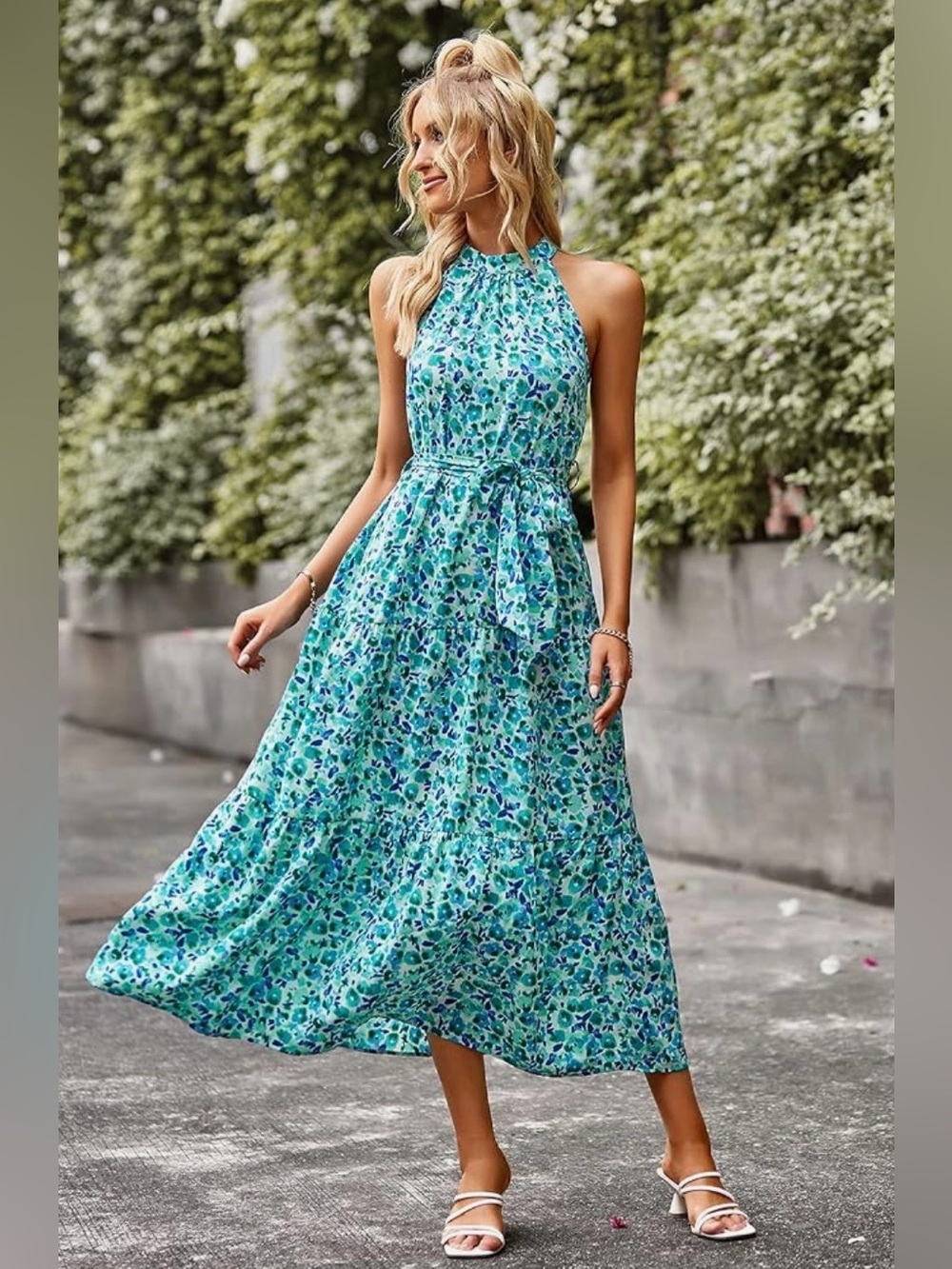 Floral Halter Midi Dress in Teal